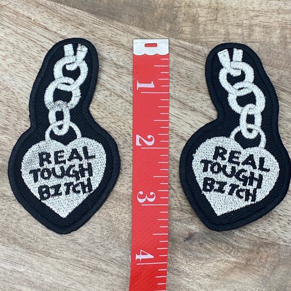 RTB Real Tough Babe Chain Heart Patches Biker Babe Coat Iron On Bling BLACK - Picture 1 of 5
